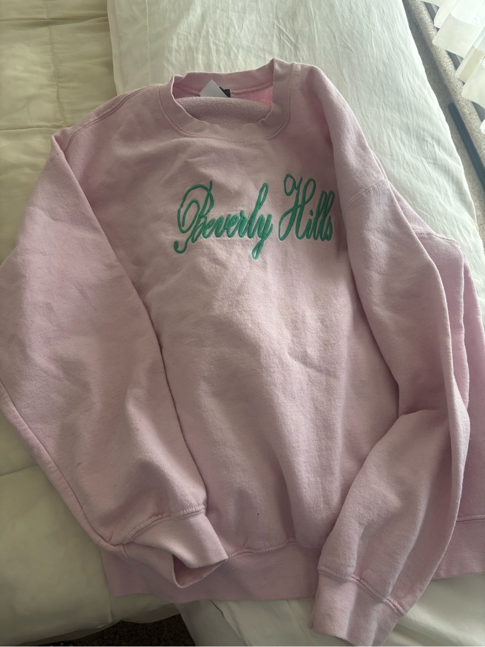 Light Pink Crewneck with Green Beverly Hills Script